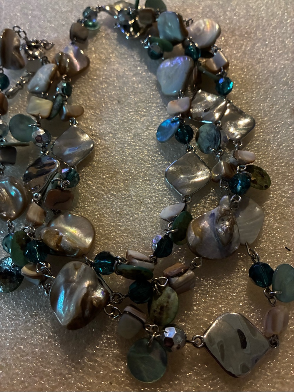 Multi-Strand Iridescent Shell and Teal Bead Necklace - Women Jewelry